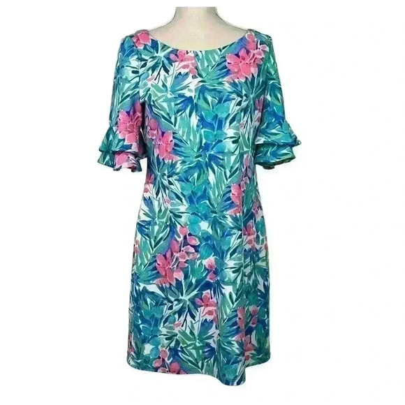 Pappagallo Tropical Floral Ruffle Sleeve Dress Size Medium - Picture 13 of 13